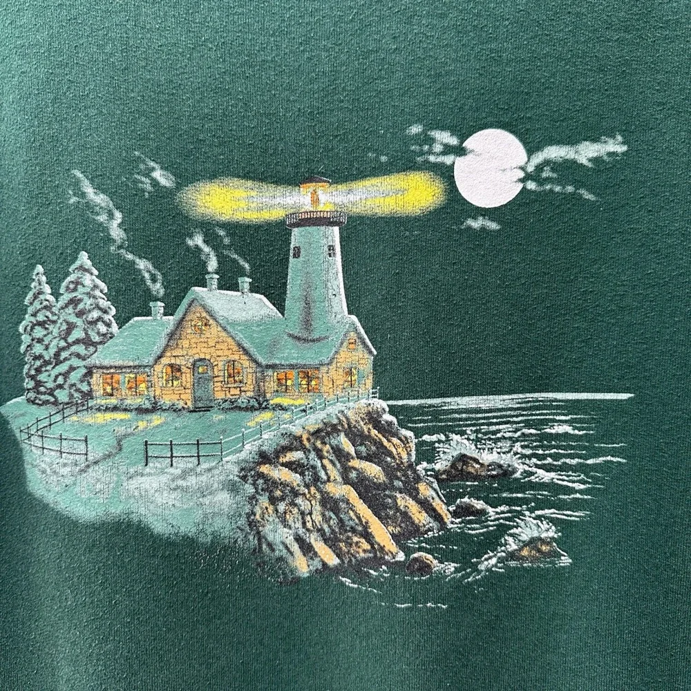 VTG Jerzees NuBlend Graphic Sweatshirt Forest Green Lighthouse Mens Small Winter